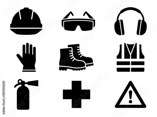 A collection of black silhouette icons representing personal protective equipment and workplace safety measures for construction industrial and manufacturing environments