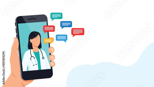 Online medical consultation features a hand holding a smartphone with a female doctor on screen for telehealth services.