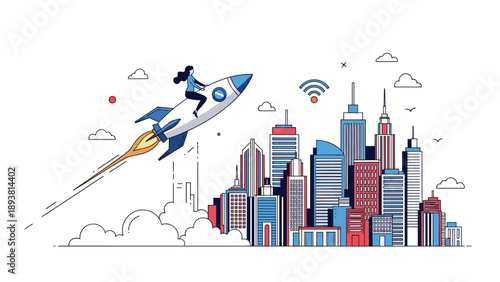 Ambitious woman rides a rocket ship flying high above a modern city skyline to represent career success and ambition.