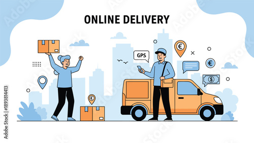 Logistics and delivery concept shows a courier with a van delivering cardboard packages to a happy customer in the city.