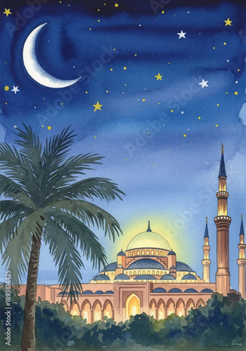 Evocative watercolor art portraying a magnificent mosque illuminated at night, silhouetted against a serene starry sky with a bright crescent moon and a prominent palm tree