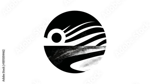 Minimalist black and white abstract graphic with sun, waves, and stylized horizon line in a circular design. Modern art concept.