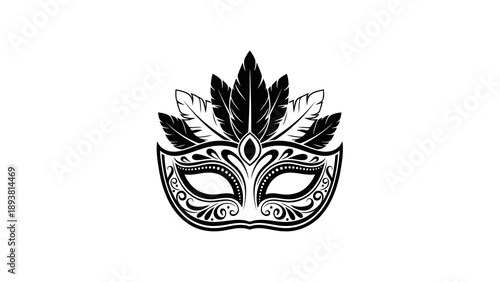 Elegant black and white venetian mask with feather