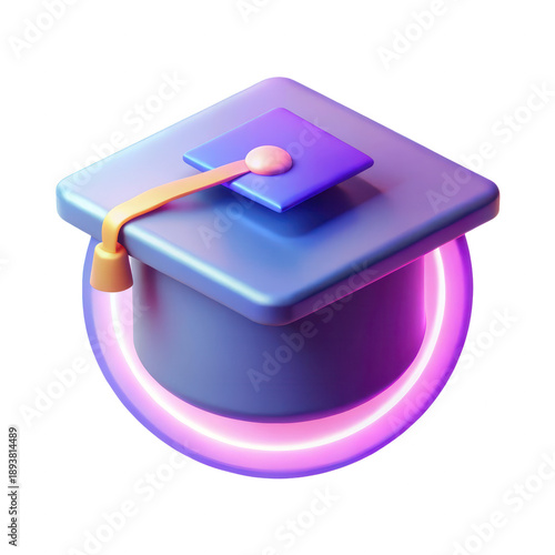 High quality photo of 3D graduation cap icon with glowing purple ring isolated on transparent background