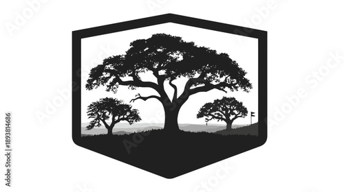 Elegant black silhouette of three majestic oak trees within a classic shield emblem, symbolizing nature, strength, and heritage design