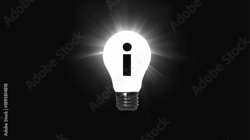 Glowing light bulb with information 'i' symbol on black, representing innovation, bright ideas, knowledge, solutions, and intelligence