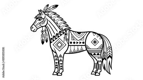 Native american horse with tribal patterns and feathers