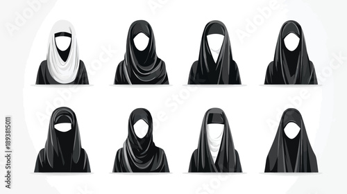 Set of diverse Islamic women's head coverings: hijab, niqab, burqa, and traditional veils. Vector icons collection.