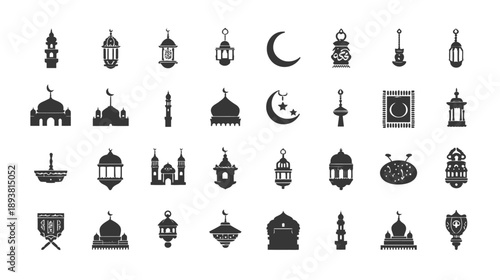 Ramadan and Eid Mubarak Vector Icons Set. Islamic Mosque, Minaret, Lantern, Crescent Moon and Star Silhouette Collection.