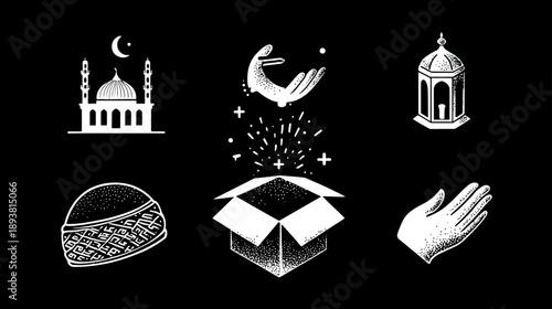 Islamic Ramadan and Eid Celebration Icons Set. Mosque, Lantern, Prayer Hands, Kufi Cap, Charity Box, Moon and Star Symbols.