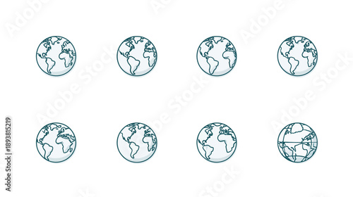 Minimalist earth globe icons set. Digital illustration representing global communication, international business, worldwide connection, and planet views.