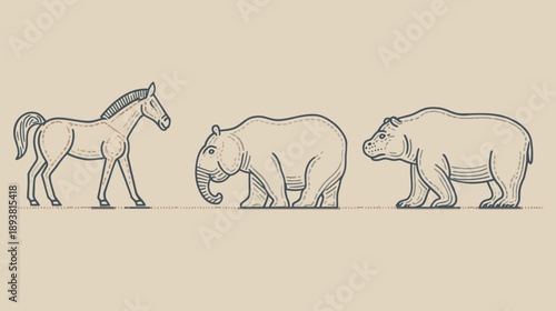 Vector line art illustration of a horse, tapir, and bear, showcasing a diverse group of wild animals in monochrome.