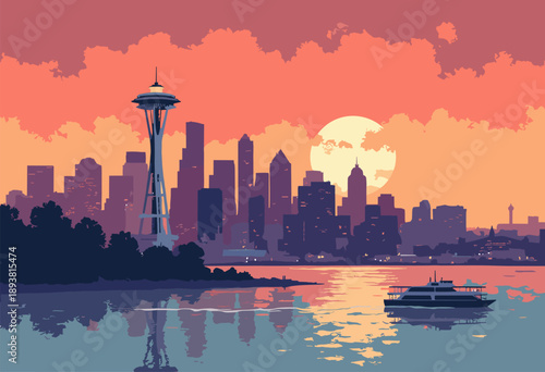 Seattle skyline featuring Space Needle as bold silhouette Ferries crossing Puget Sound foreground under moody orange sunset