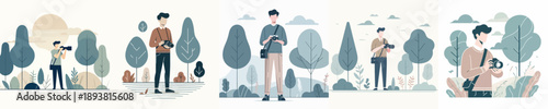 a male photographer in the park in a simple and minimalist flat design vector style