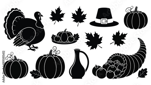autumn harvest icons with turkey pumpkins leaves and cornucopia silhouette