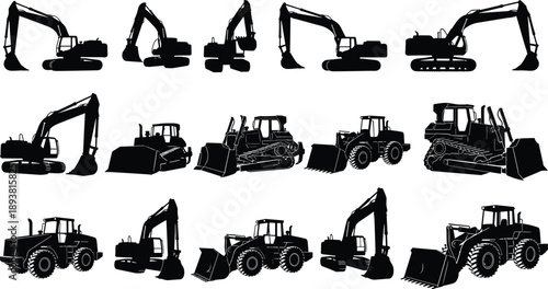 Big collection of construction heavy machinery silhouettes featuring hydraulis and wheel loaders for industrial building projects engineering site works and architectural design elements