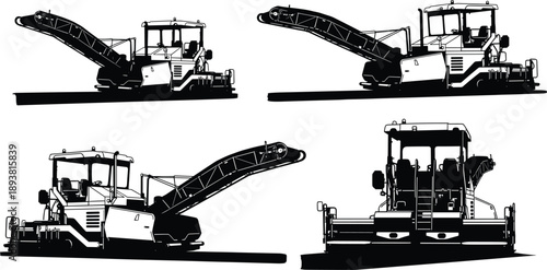 Black silhouette cold milling machine set for road construction, asphalt planer icons, industrial pavement equipment, heavy machinery vectors isolated on white background for engineering