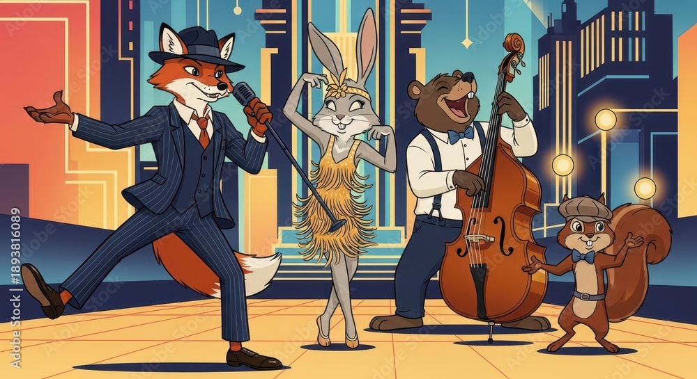 Obraz premium Anthropomorphic animals perform jazz music on an illuminated city stage
