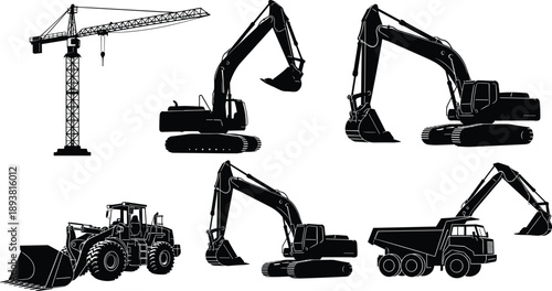 Collection of construction heavy machinery silhouettes featuring tower crane hydraulic excavators wheel loader and dump truck for building site industrial project engineering and architectural design