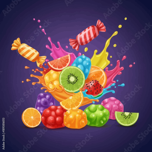 Fresh Fruit Slices and Colorful Candies