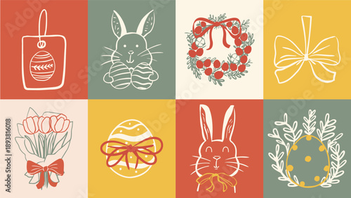 Hand-drawn Easter and spting set. Collection sketches with bunnies, decorated eggs and floral wreaths, and spring tulips. Doodle elements for festive