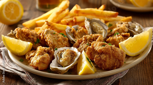 Plate of fried oysters and french fries with lemon and parsley