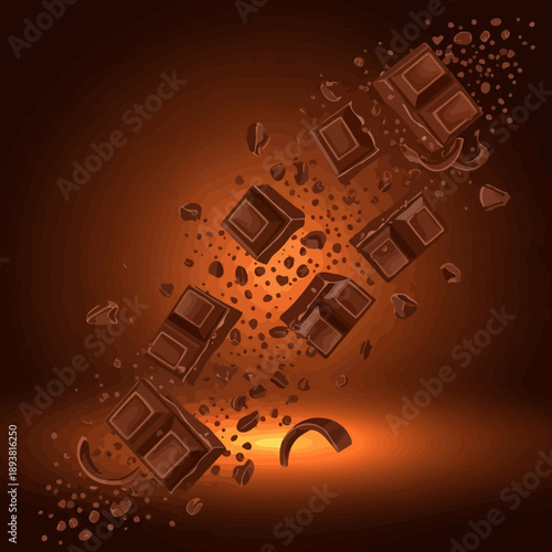 Chocolate Pieces and Crumbs Explosion on Orange Background