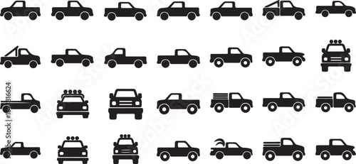 Collection of various truck silhouettes isolated on transparent background