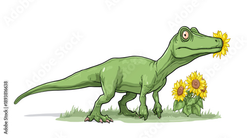 Cute green cartoon dinosaur with big eyes happily sniffing a vibrant yellow sunflower in a grassy field.