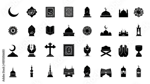 Religious Symbols Icon Set: Diverse Spiritual Icons, Sacred Elements, and Worship Silhouettes for Faith and Culture