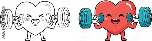 Cute heart character lifting dumbbells illustration showing cardiovascular fitness, healthy lifestyle, strength training, and love for exercise in cartoon style.