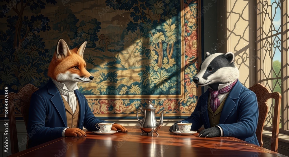 Obraz premium Anthropomorphic fox and badger dressed in formal attire sharing tea indoors.