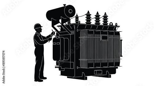 an industrial worker inspecting a large electrical transformer silhouette
