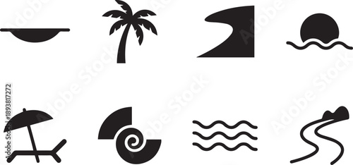 Coastal Icon Set An array of artistic icons representing the essence of a tranquil seaside environment