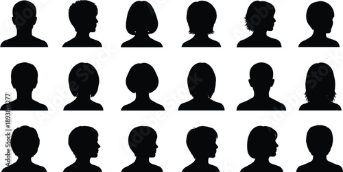 Diverse human profile silhouettes set representing people avatars, identity, demographics, and social diversity isolated on white background concept