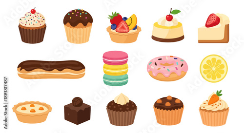 Variety of colorful desserts including cakes and cupcakes on display