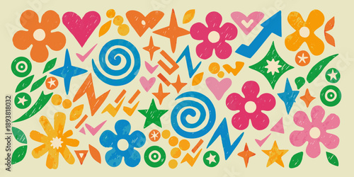 Colorful abstract pattern with flowers hearts stars and geometric shapes