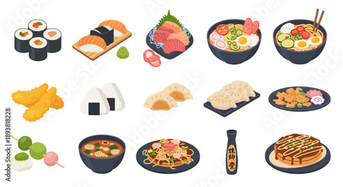 Assorted Japanese cuisine illustrations featuring sushi, sashimi, and other dishes on various plates