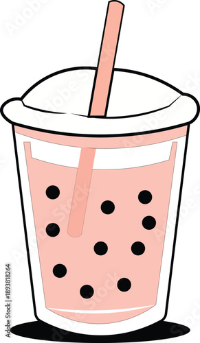 A pink boba tea drink in a clear cup with a straw and black tapioca pearls.