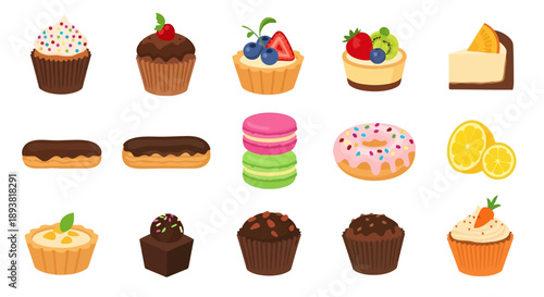 Assorted sweet treats and desserts on display featuring cupcakes and pastries