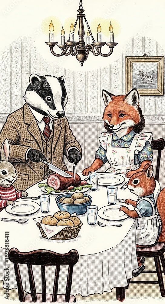Fototapeta premium Anthropomorphic woodland creatures gather around a dining table for a traditional shared meal