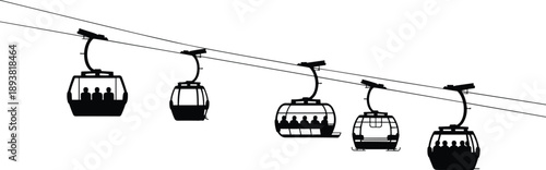 Cable car gondola silhouettes on mountain ropeway illustrating alpine transport, winter tourism, scenic travel and public aerial transportation systems