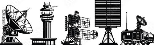 Black and white vector silhouette icons of radar systems, airport control tower, satellite dish, phased array antenna, and mobile military communication station.