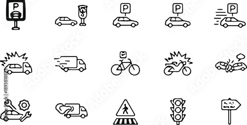 Transport and traffic line icon set illustrating parking, accidents, vehicles, bicycles, safety warnings and urban mobility concepts design systems