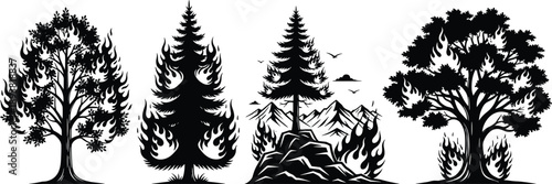 Black and white vector silhouette set of trees on fire with mountain landscape for forest wildfire prevention and environmental disaster awareness design