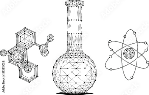 Black and white wireframe vector illustration featuring chemistry laboratory flask molecular structure and atom model for scientific research and technology education design