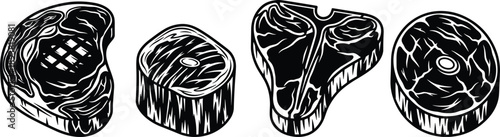 Black and white woodcut style vector illustration of various beef steak cuts including ribeye t-bone and tenderloin for butchery and restaurant menu design