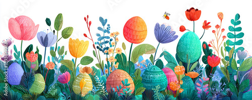Flat vector Easter egg hunt scene with flowers and leaves in folk style 32k ultra HD