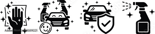 Black vector icon set of car detailing services including hand washing with microfiber cloth spray bottle cleaning and vehicle paint protection shield design
