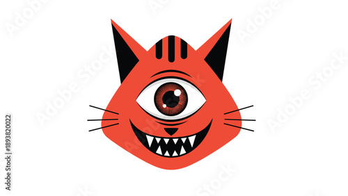 A quirky and monstrous cartoon illustration of a red cat's head with one large cyclops eye and a wide, toothy grin.